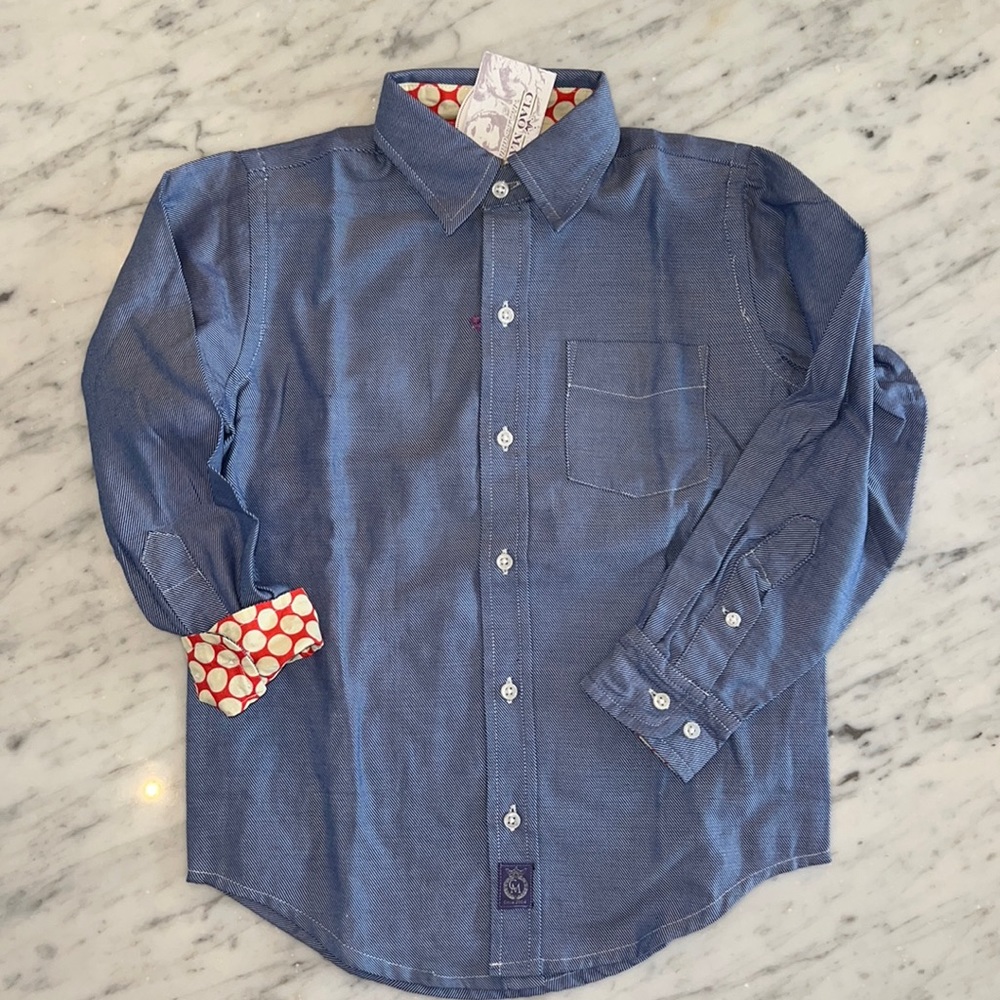 New Ciao Marco Boys Blue Striped Button Down Dress Shirt With Red Dot Cuffs